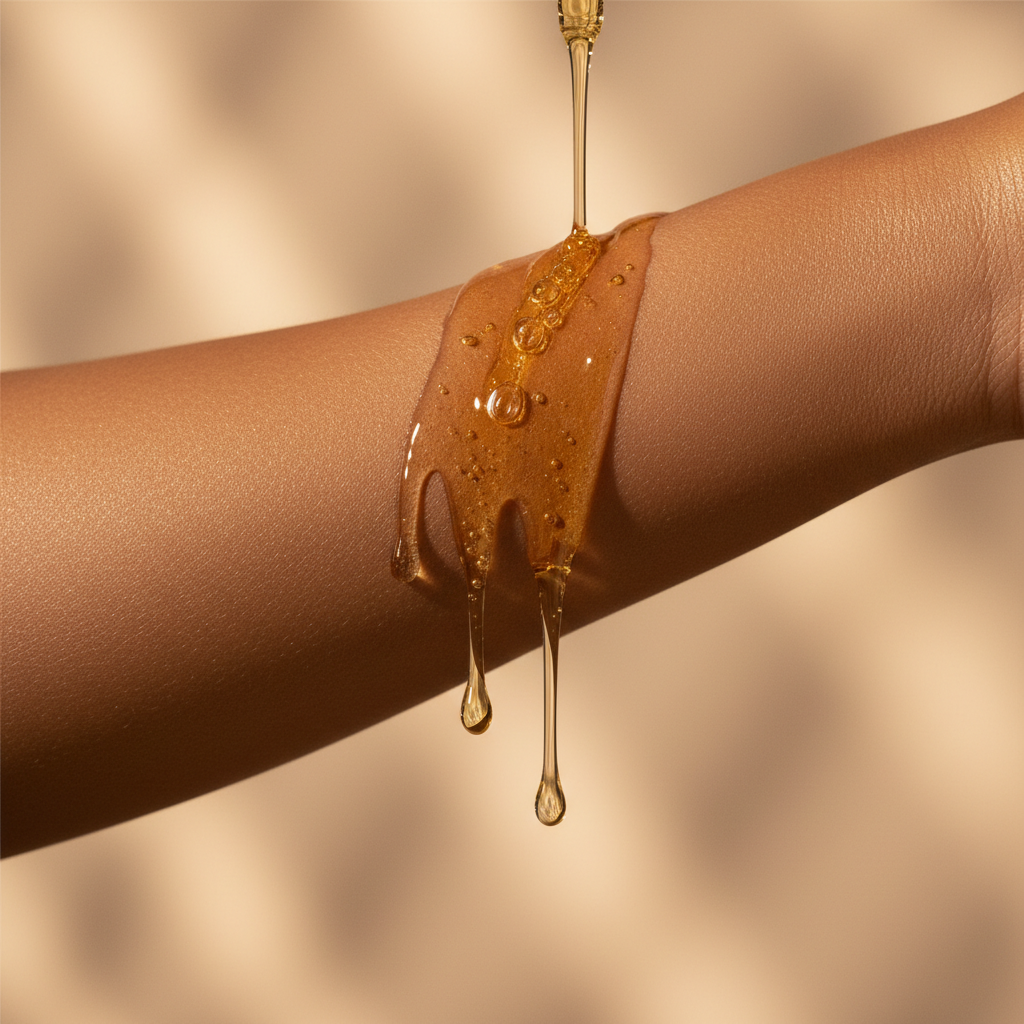 Golden Amber Body Oil glistening on glowing skin lifestyle shot